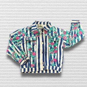 Vintage Reto Floral And Stripes Cropped Jacket